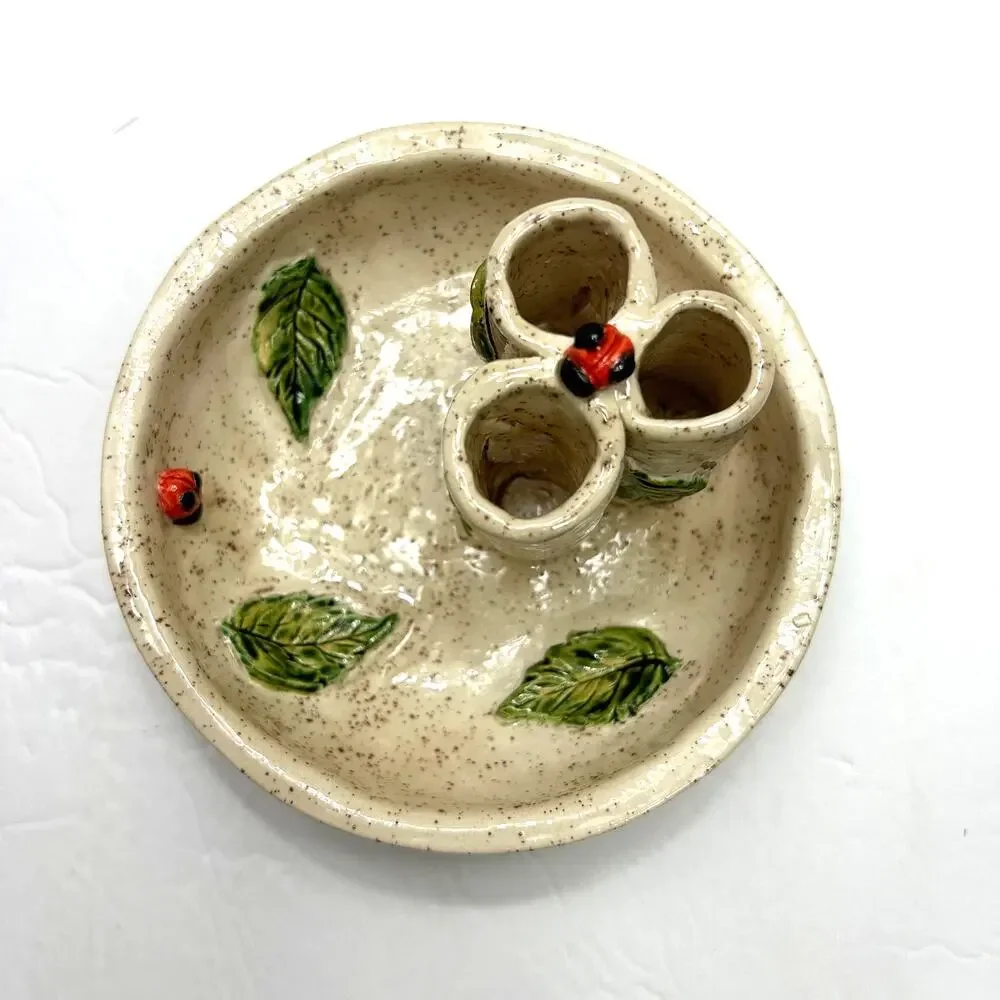 Handmade Ikebana Speckled Glaze Pottery Vase Lady Bugs‎ Leaves Unsigned